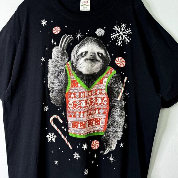 Dec 25th Christmas Sloth Wearing Holiday Vest Funny Black T-Shirt Men's Size XL - Picture 4 of 10